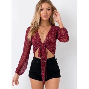 Princess Polly Waverley Floral Tie Up Blouse in Wine Red